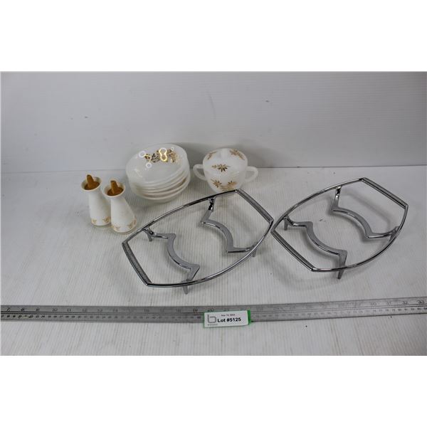 Vintage Pyrex Butterfly Gold Salt And Pepper Shakers, (6) Federal Glass Bowls w/ Suger Bowl, Misc