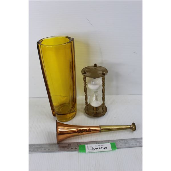 Vintuage Amber Colored Glass Vase, Brass Horn Like Ornamental Object, Misc