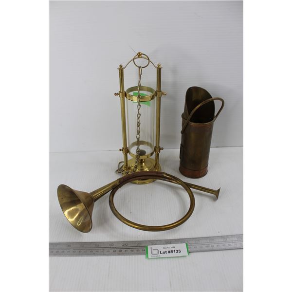 (3) Various Solid Brass Items, Candle Holder, Horn Like Ornament, Misc