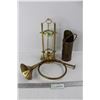 Image 1 : (3) Various Solid Brass Items, Candle Holder, Horn Like Ornament, Misc