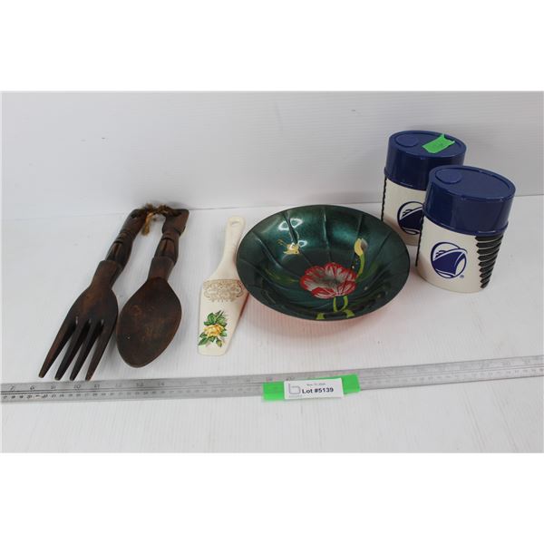 Large Wooden Souvenier Utensils From Hawaii, (2) Plastic Sealed Soup Ontainers, Misc