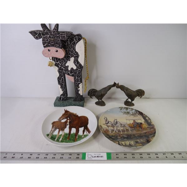 Pair of Rooster Ashtrays,(2) Decorative Horse Plates and Wood Cow Figurine