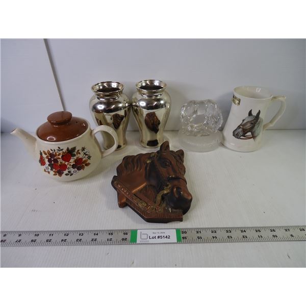 (3) Pieces of Horse Decor Items,(2) Vases and Teapot