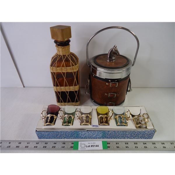 Decanter,Ice Bucket and (5) Vintage Shot Glasses