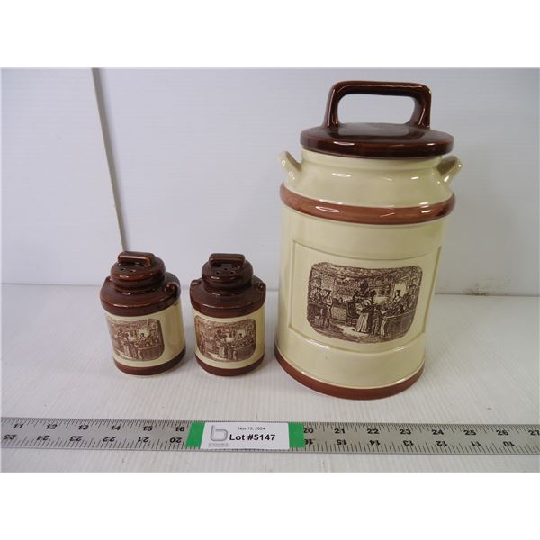 (3) Vintage Made in Japan Ceramic Storage Container and Salt/Pepper Set