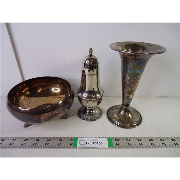 Silver Plated Sugar Shaker,Footed Bowl and Vase