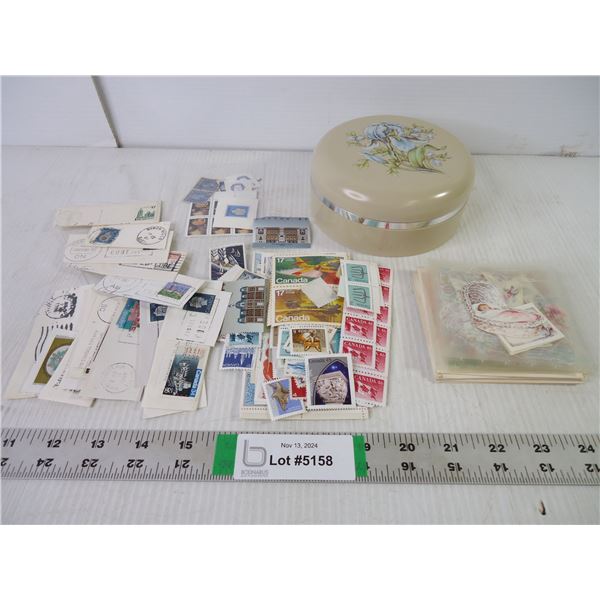 Lot of Vintage Canada Stamps,Vintage Cards (1920's) and Avon Powder Container
