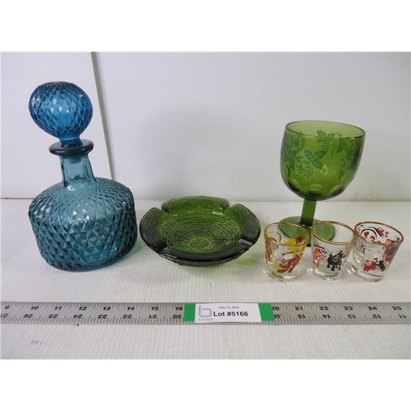 Vintage Decanter,Wine Glass,ashtray and (3) Shot Glasses