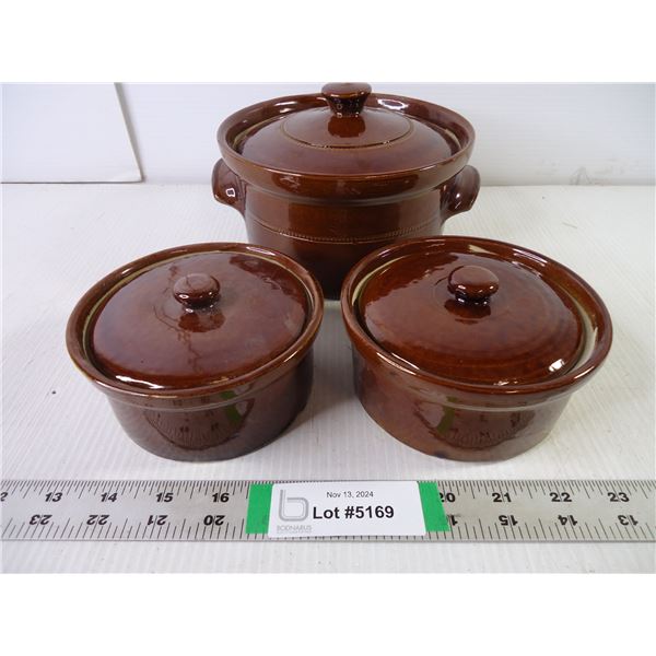 Bean Crock Set with (2) Crock Bowls with Lids-Stamped