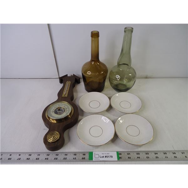 Barometer,(2) Decorative Bottles and (4) Gold rimmed Plates