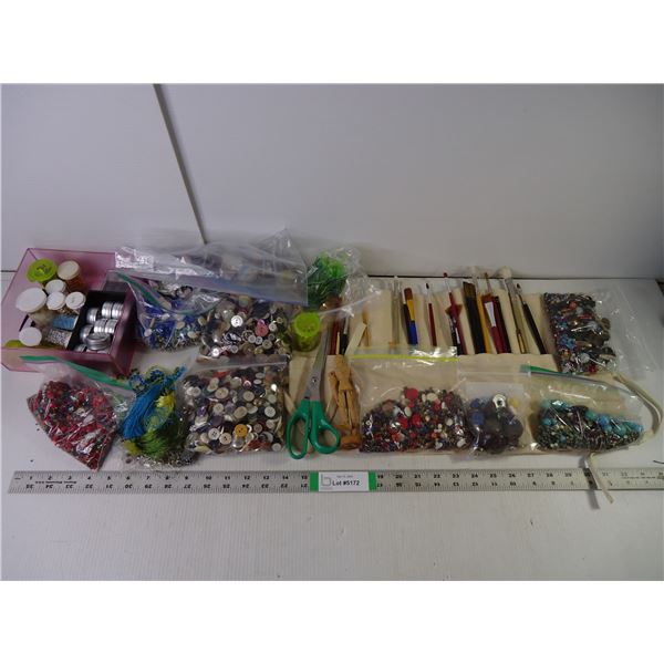 Large Lot of Crafting Items-Beads,Buttons,Paint Brushes,Sewing Thread and misc.