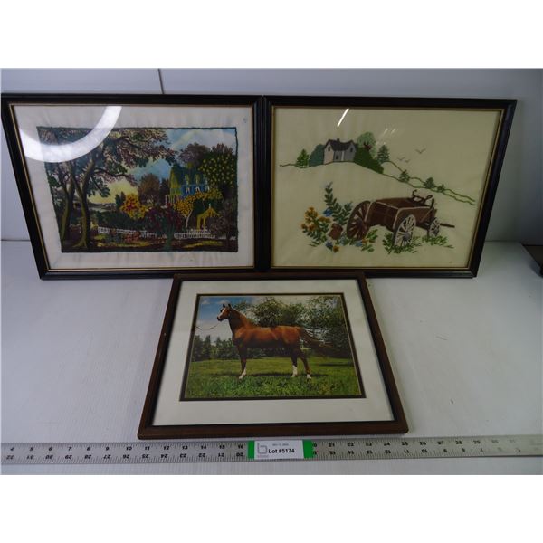 (2) Framed Embroidery Scenes(13x17) and Framed Horse Photo (13x15)