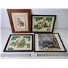 Image 1 : Framed Stitched Horse&Colt (11x13) and (3) Embroidery Scenes 2 are 10x13 and other is 11x14