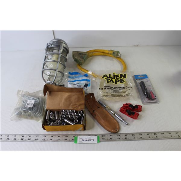 Red Dot Light Fixture, 3-Way Extension Cord, Certified 12V Inflator Replacement Plug (NIB), Hooks, C