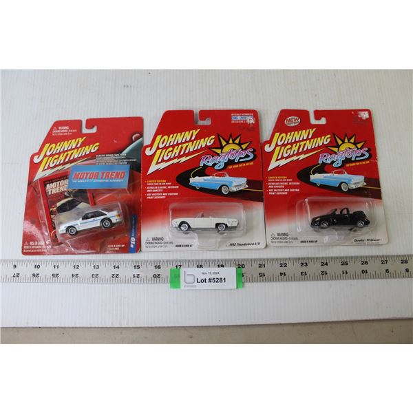 (3) Johnny Lighting Replica Vehicles (2 Ragtops - Chrysler PT Cruiser, 1962 T-Bird SR; Motor Trend 1