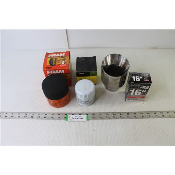 Fram PH30 Oil Filter (NIB), John Deere TY25791E Oil Filter (NIB), Bell 16" Inner Tube (NIB), Flowmas