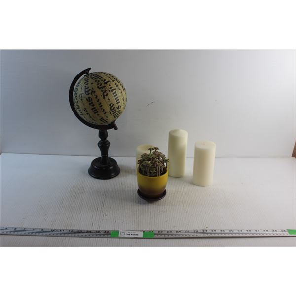 Artificial Plant in a Planter, Globe Style Decor and (3) Candles