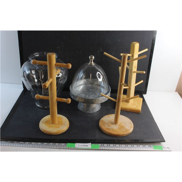 *Glass Vase, Cheese Dish with a Lid and (3) Wooden Key Racks