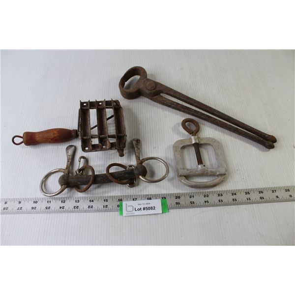 Vintage Horse Care Items (Brush, Bit, Shoe Puller, Clamp)