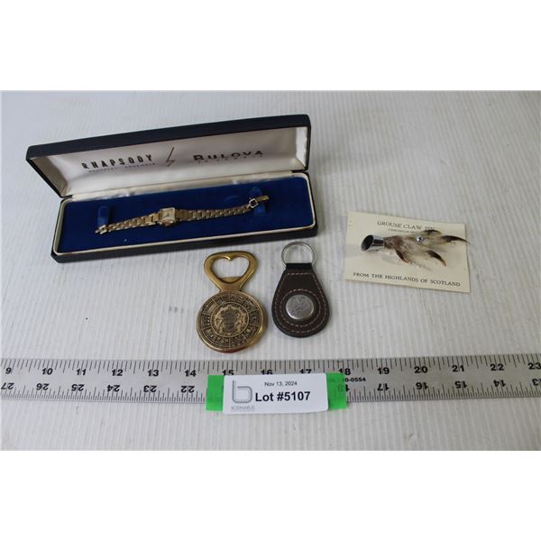 Outboard Marine Bottle Opener & Keychain, Bulova Rhapsody Women's Wristwatch, Scottish Grouse Claw P