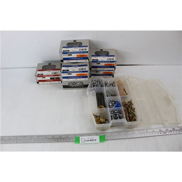 Lot Of Various Nails/ Screws, (5) New Unopened Boxes Of 1 1/4'' And 1 1/2'' Roofing Nails/ 4D Finish