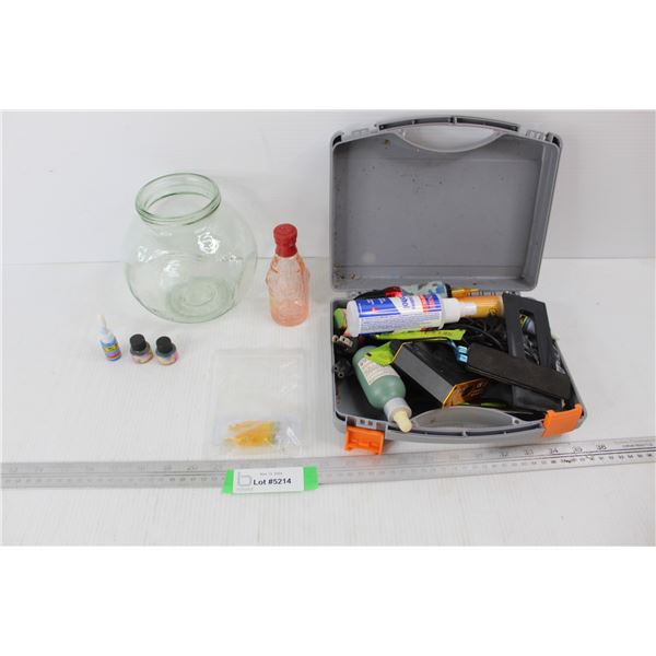 Lot Of Various Items, Glass Fish Bowl Like Jar, Miniature Liquor Bottle, Tattoo- As Is