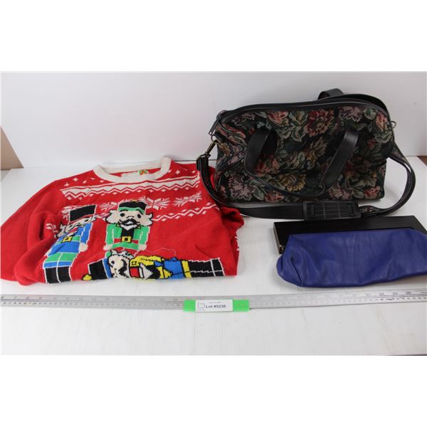 Ugly Christmas Sweater- Size Small, Floral Themed Duffle Bag, Misc.