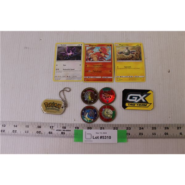 (4) Pokemon Coins, (3) Pokemon Cards, Pokemon Keychain, Pokemon GX Tag Team Metal Badge