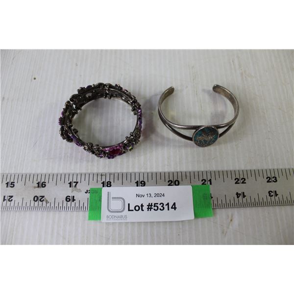 (2) Metal Bracelets (Unicorn, Purple Jewel)
