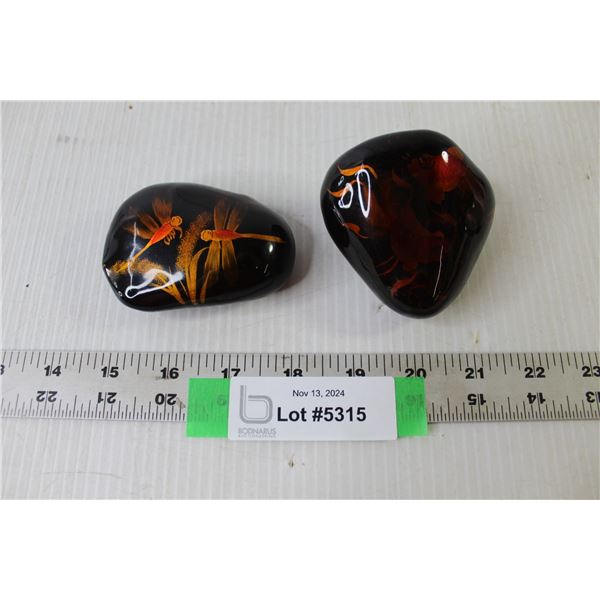 (2) Black Painted Rocks - Asian Theme (Goldfish, Dragonflies)