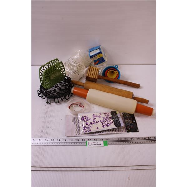 (2) Rolling Pins, Steak Tenderizer, Funnels, Filter, "Eggies", Stickers, Trivets, Napkin Holder
