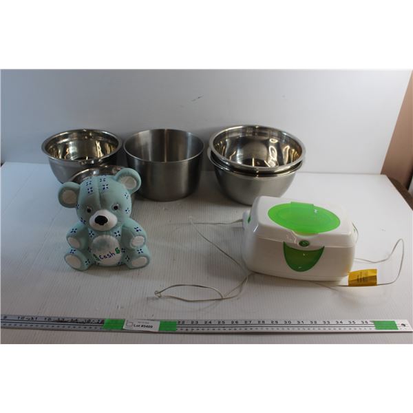 Munchkin Wipe Warmer, Aluminium Bowls and a Bear Piggy Bank