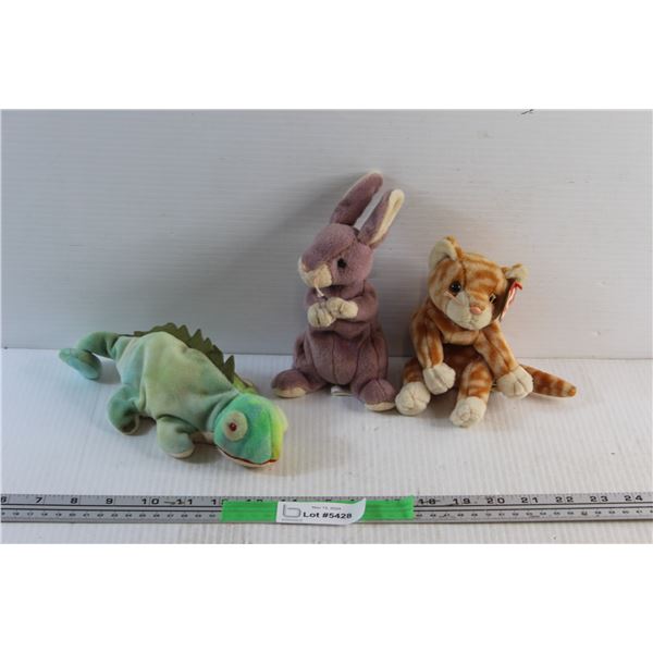 (3) TY Beanie Babies (1 has Tag) - Bunny, Kitten and a Chameleon