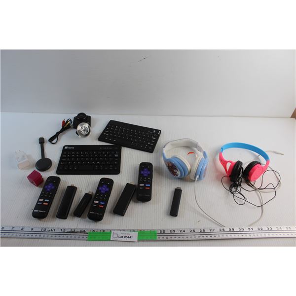 Wireless Keyboards, Roku Remotes, Charging Blocks, Headphones and a Dash Cam - As Is
