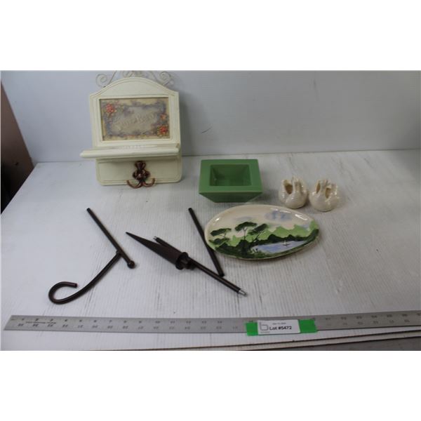 Coat hanger, Tray, (2) Swan Dishes, Planter Hanger