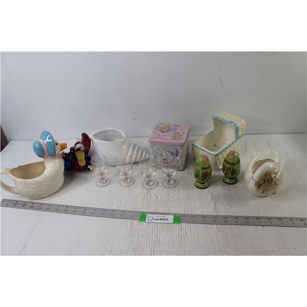 (4) Ceramic Dishes, Salt and pepper Shakers, (4) Shot Glasses, Tin