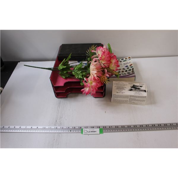 (3) Paper Tray Organizers, Bits, Rat Killer, Buttons, Book, Inspirational Stones, Credit Card Wallet