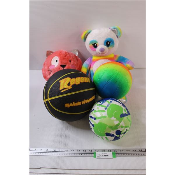 (2) Stuffed Toys, (2) Inflatable Balls, Basketball