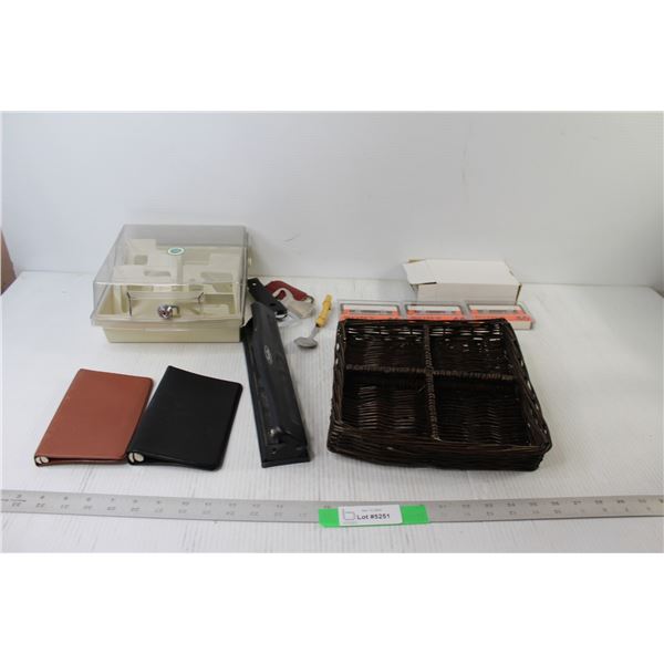 Wicker Basket, Bottle Openers, Spoon, (3) Cassettes, Hole Puncher, (2) Small Binders