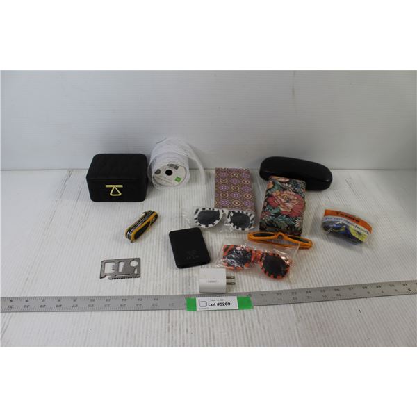 (3) Kids Sunglasses, Ray Bans Case, (2) Jewelry Boxes, Swiss Army Knife