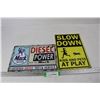 Image 1 : (2) Fantasy Signs, Slow Down Kids And Pets At Play ,Mack Trucks Motor Oil- Both 12'' x 8''