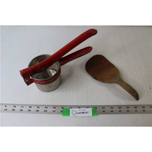 Vintage Potato Ricer, Vintage Butter Paddle - Wood