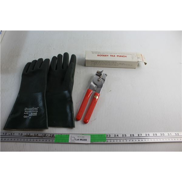 Rotary Tile Punch and Rubber Gloves