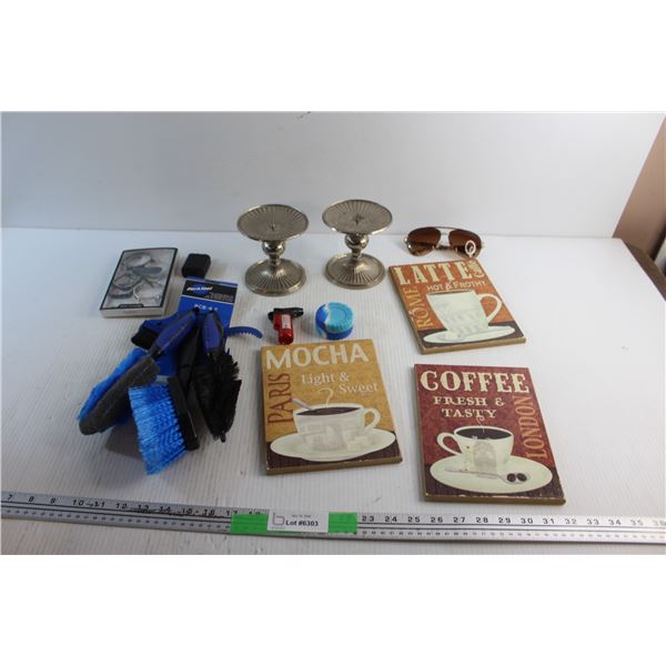Candle Holders, Bike Cleaning Brush Set, Charging Block, Sunglasses, Torch Lighter, Coffee Wall Deco
