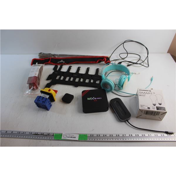 Glasses Storage Rack, Headphones, Changeover Switch, Flat Skewers, Adapters, Charging Cables and Mis