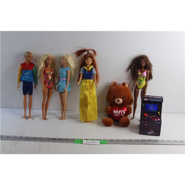 Bear Plush Toy, Barbie & Ken Dolls and Mini Arcade Machine - Tested
