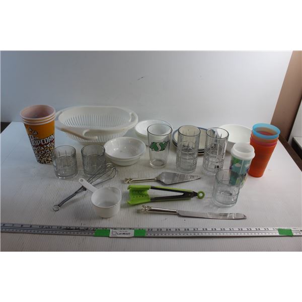 Basket Strainer, Whisk, Plates, Bowls, Cups, Tongs and a Measuring Cup