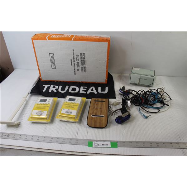 Wireless Wall Switch Timer, Earbuds, Soundflow Speaker, Trudeau Flag,