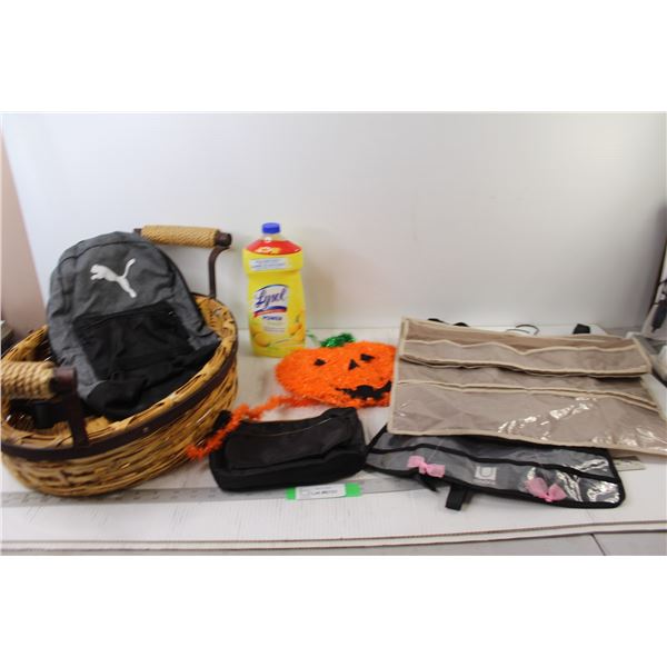 Lysol Soap, Wicker Basket, Puma Kids Backpack, Bag, (2) Door hanging Racks, Pumpkin Decoration