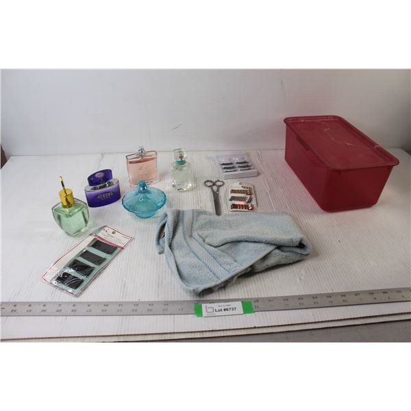 Fake Lashes, Bobby Pins, Perfume Bottles, Hand Towel, Plastic Tub